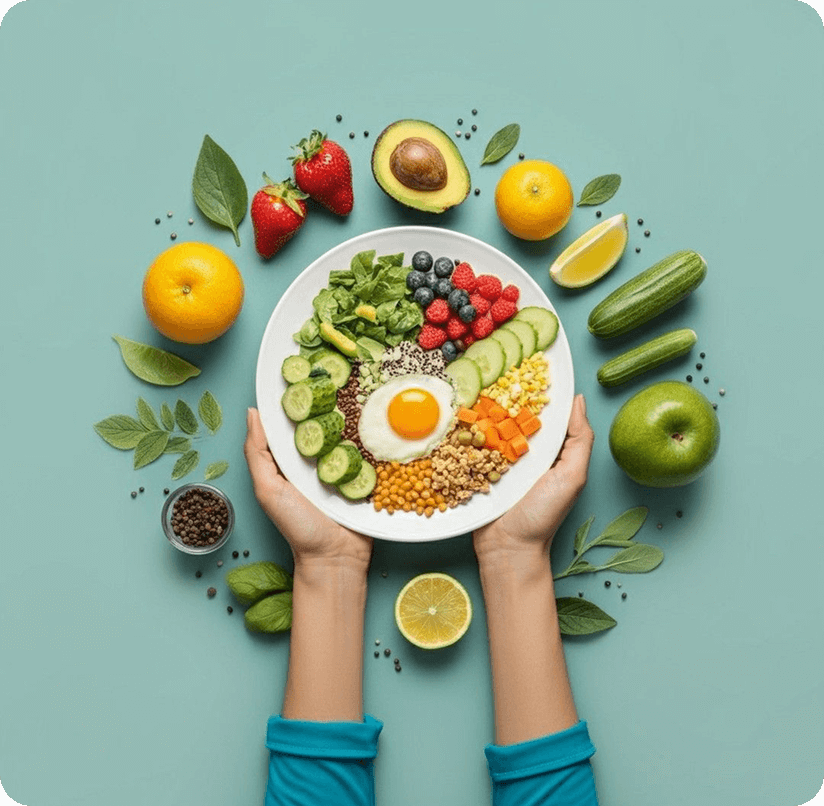Colorful fruits and vegetables arranged in a circle on a light blue background, symbolizing balanced nutrition and measurable wellness impact.